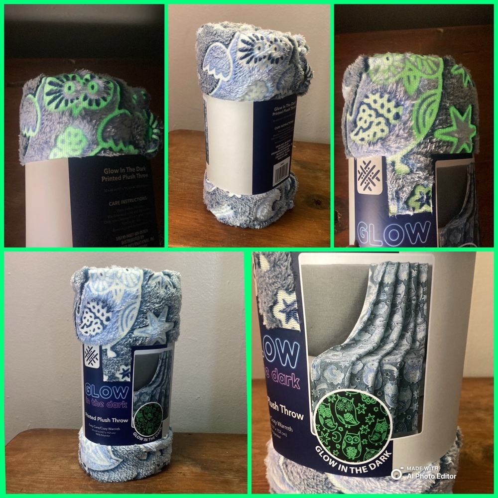 NWT Glow In The Dark- Owls 🦉 & Stars ⭐️ Beautiful Blue Plush Throw Blanket 50x60